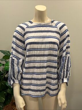 Pearl by Lila Rose Crepe Navy and White Striped Balloon-Sleeve Top Keyhole Back